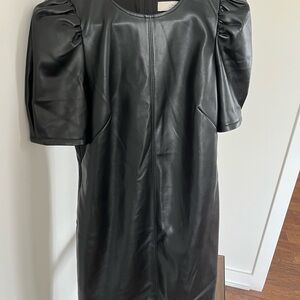 LOFT Black Faux Leather Puff Sleeve Dress